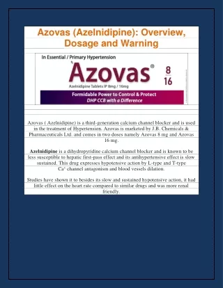 Azovas (Azelnidipine): Overview, Dosage and Warning