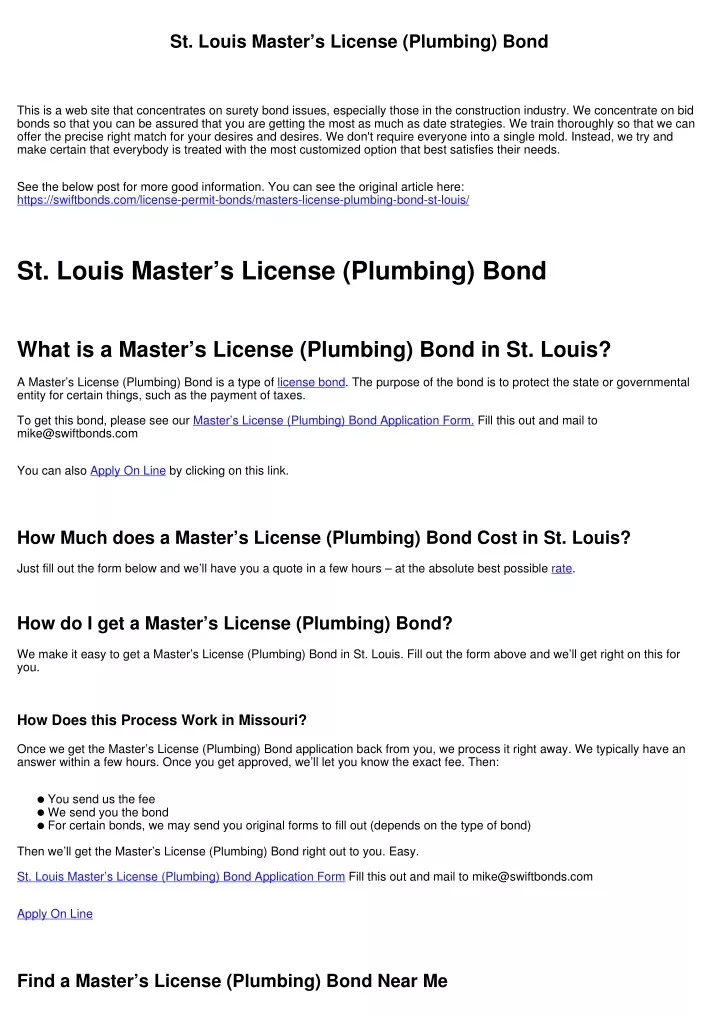 st louis master s license plumbing bond