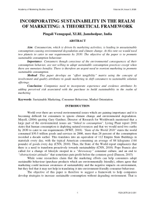 INCORPORATING SUSTAINABILITY IN THE REALM OF MARKETING: A THEORETICAL FRAMEWORK