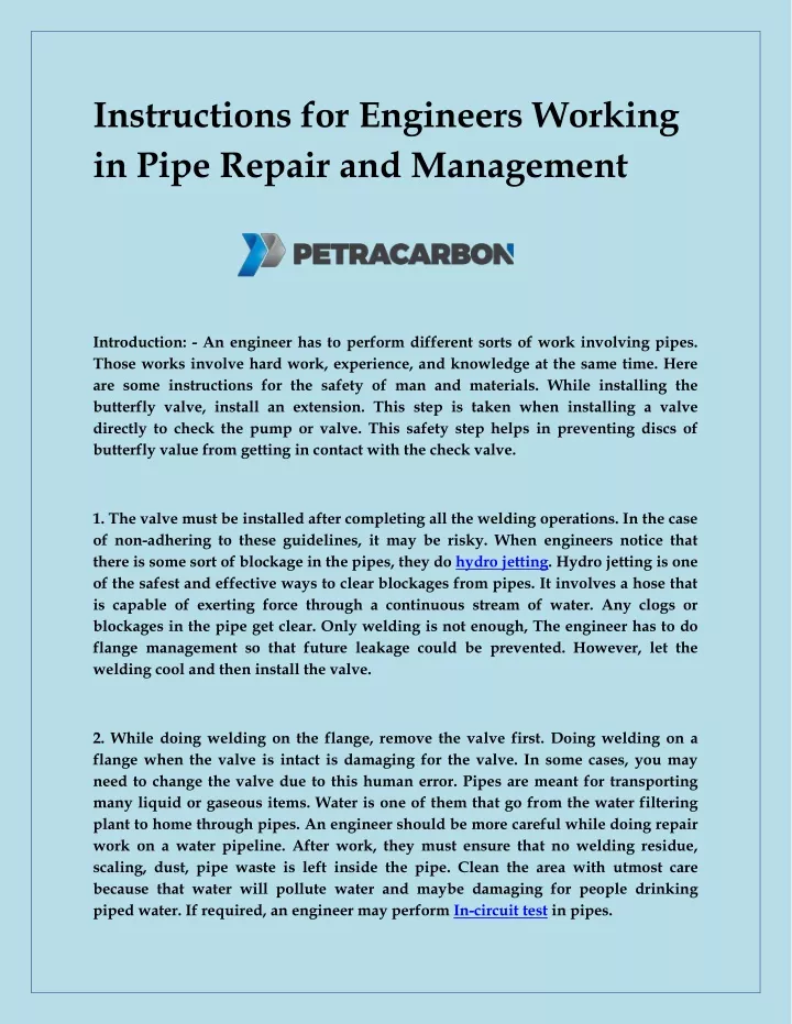 instructions for engineers working in pipe repair