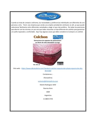 Colchón de Alta Densidad 2 Plazas a la Venta en Argentina | Efectooferta.com