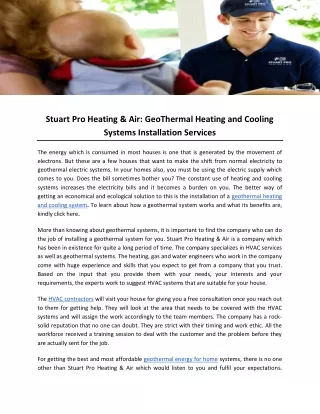 Stuart Pro Heating & Air: GeoThermal Heating and Cooling Systems Installation Services