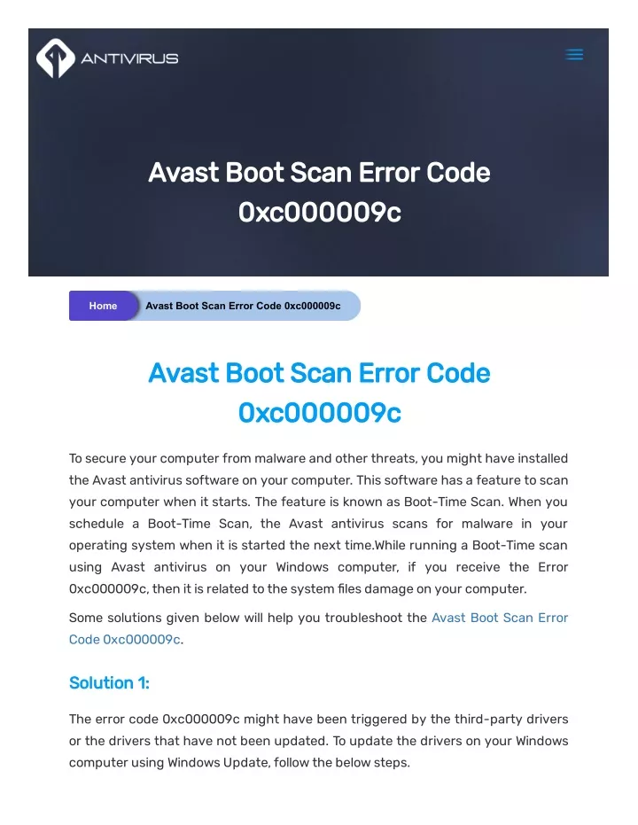 avast boot scan error code 0xc000009c
