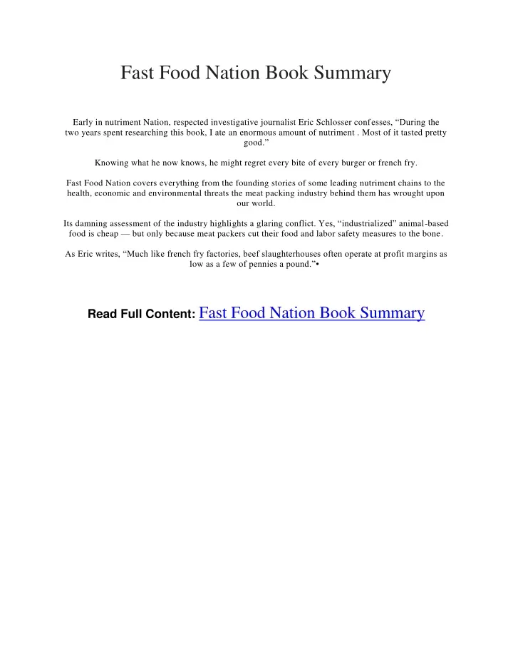 fast food nation book summary