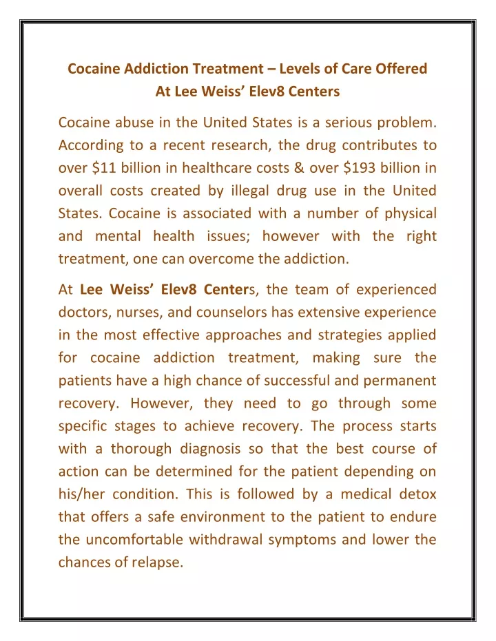 cocaine addiction treatment levels of care