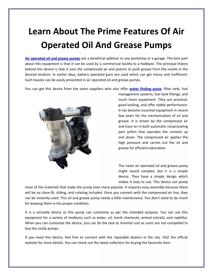 learn about the prime features of air operated