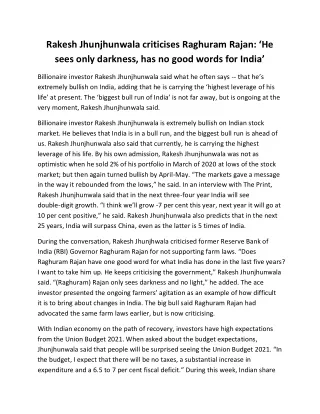 Rakesh Jhunjhunwala criticises Raghuram Rajan: ‘He sees only darkness, has no good words for India’