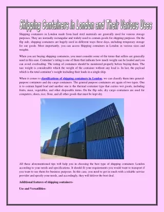 Shipping Containers London And Their Various Uses
