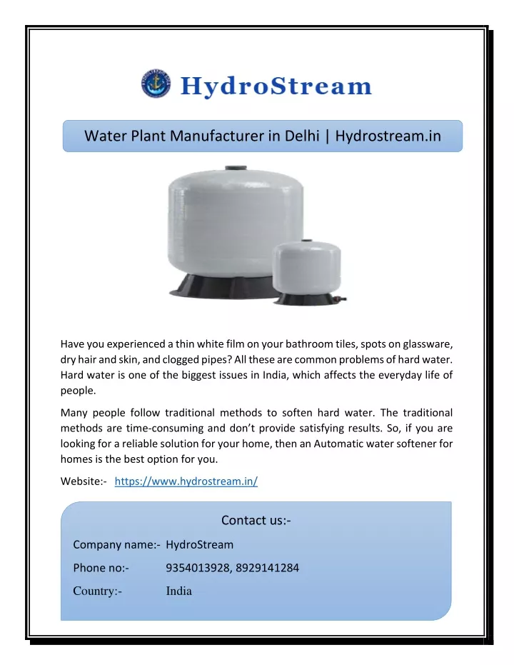 water plant manufacturer in delhi hydrostream in