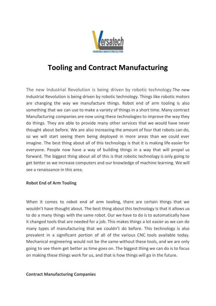 tooling and contract manufacturing