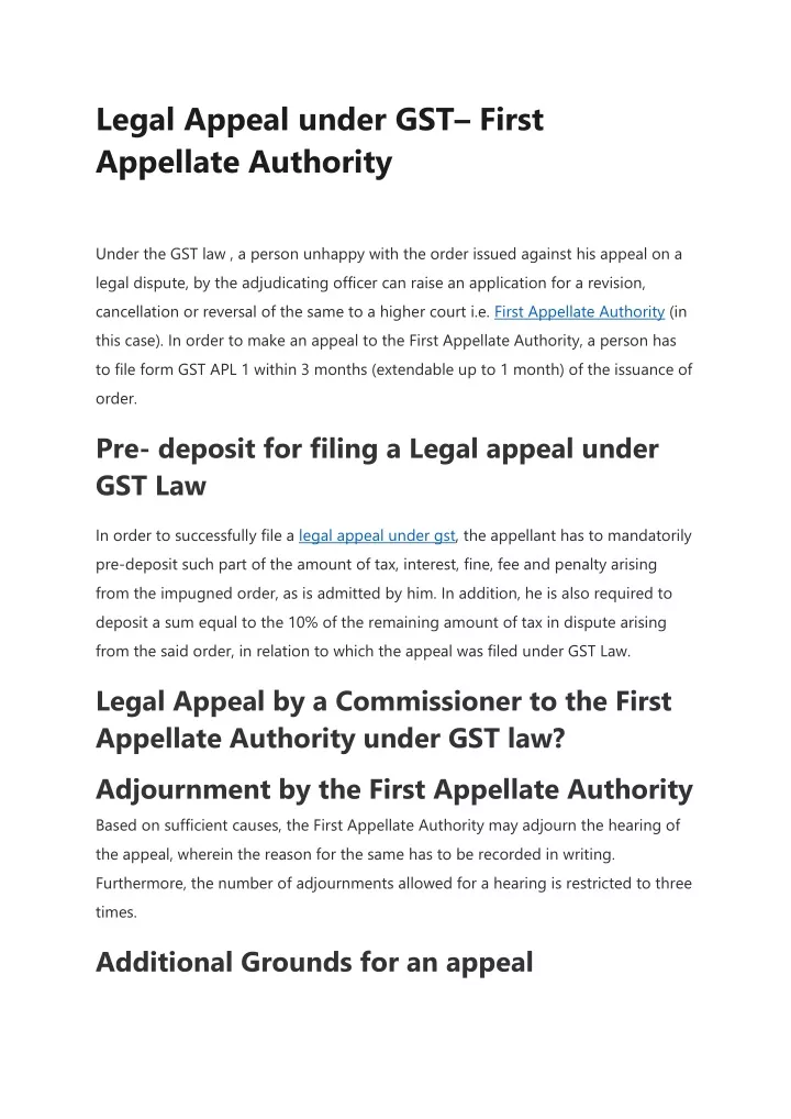 legal appeal under gst first appellate authority