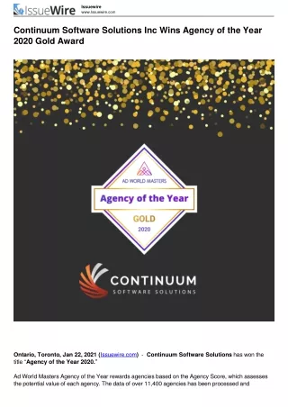 Continuum Software Solutions Inc Wins Agency of the Year 2020 Gold Award