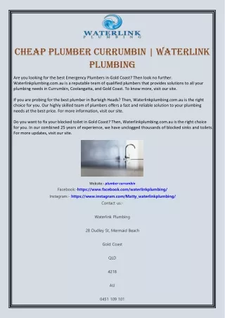 Cheap Plumber Currumbin | Waterlink Plumbing