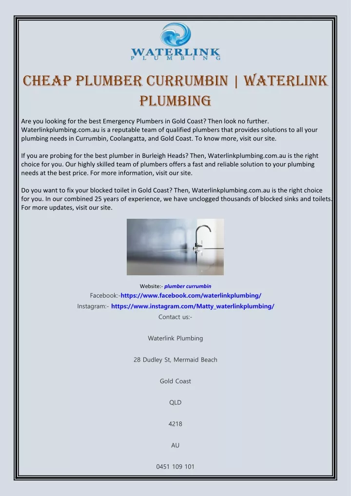 cheap plumber currumbin waterlink plumbing