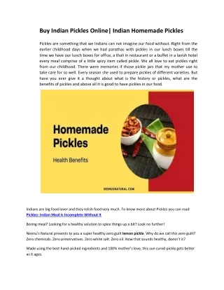 Buy Indian Pickles Online| Indian Homemade Pickles- Neenus Natural