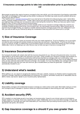 8 insurance coverage points to take into consideration prior to purchasing a car