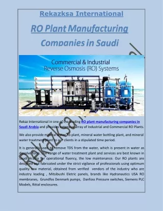 RO Plant Manufacturing Companies in Saudi Arabia - Rekazksa International