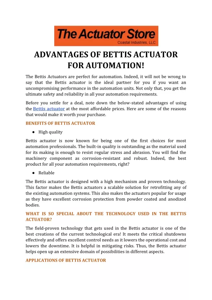 advantages of bettis actuator for automation