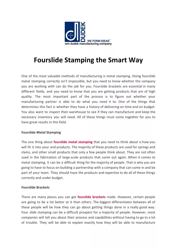 fourslide stamping the smart way