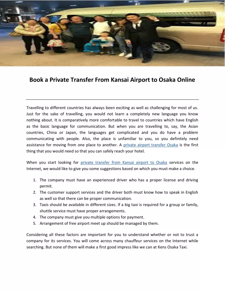 book a private transfer from kansai airport