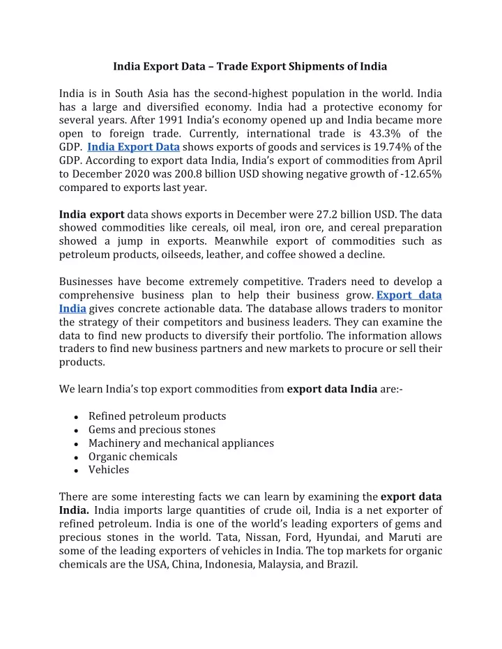 india export data trade export shipments of india