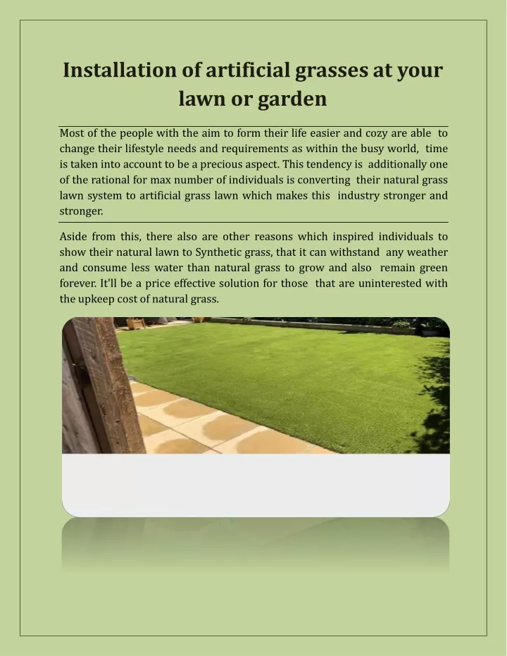 installation of artificial grasses at your lawn or garden