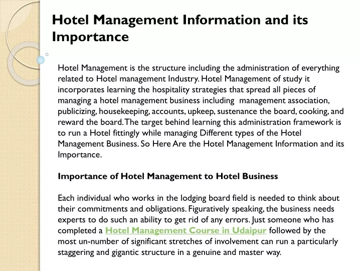 hotel management information and its importance