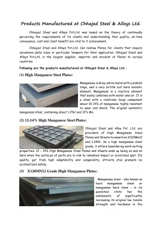 Products Manufactured at Chhajed Steel & Alloys Ltd.