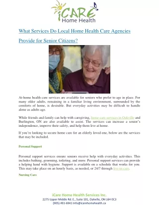 What Services Do Local Home Health Care Agencies Provide for Senior Citizens?