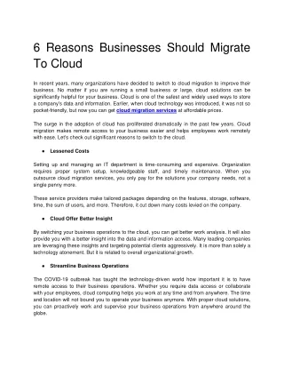 6 Reasons Businesses Should Migrate To Cloud