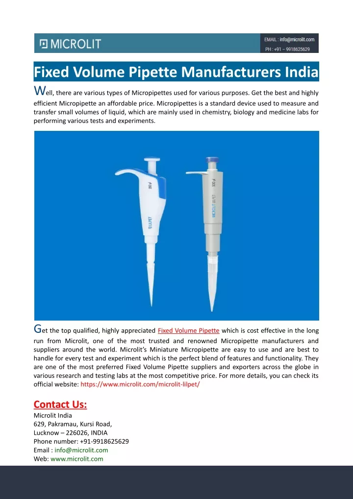fixed volume pipette manufacturers india