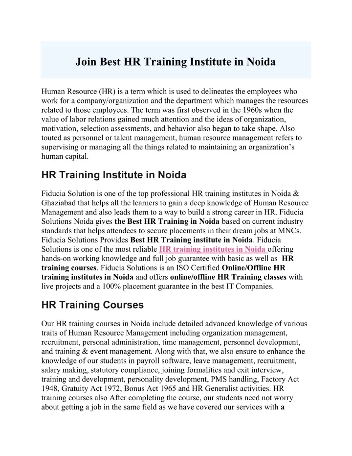 join best hr training institute in noida