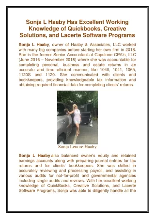 Sonja L Haaby Has Excellent Working Knowledge of Quickbooks, Creative Solutions, and Lacerte Software Programs