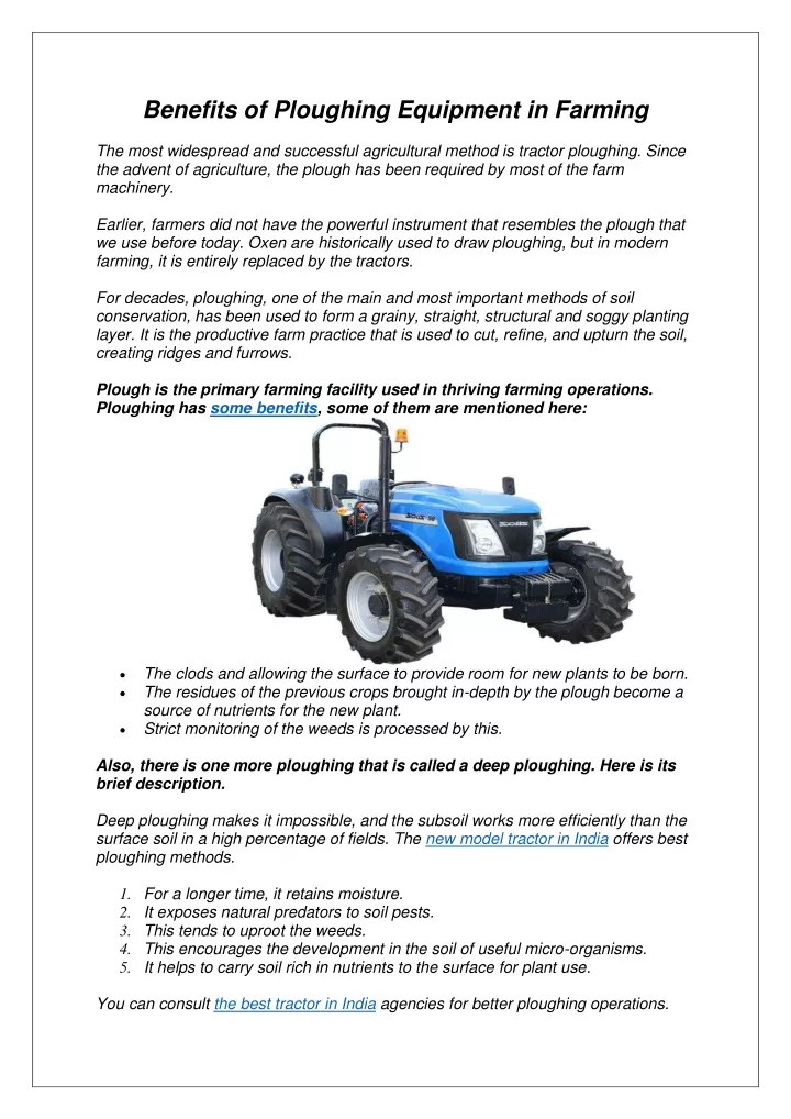 benefits of ploughing equipment in farming