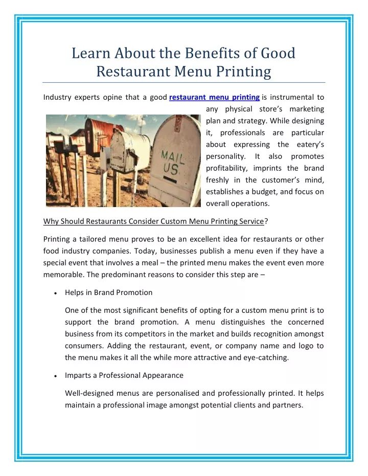 learn about the benefits of good restaurant menu