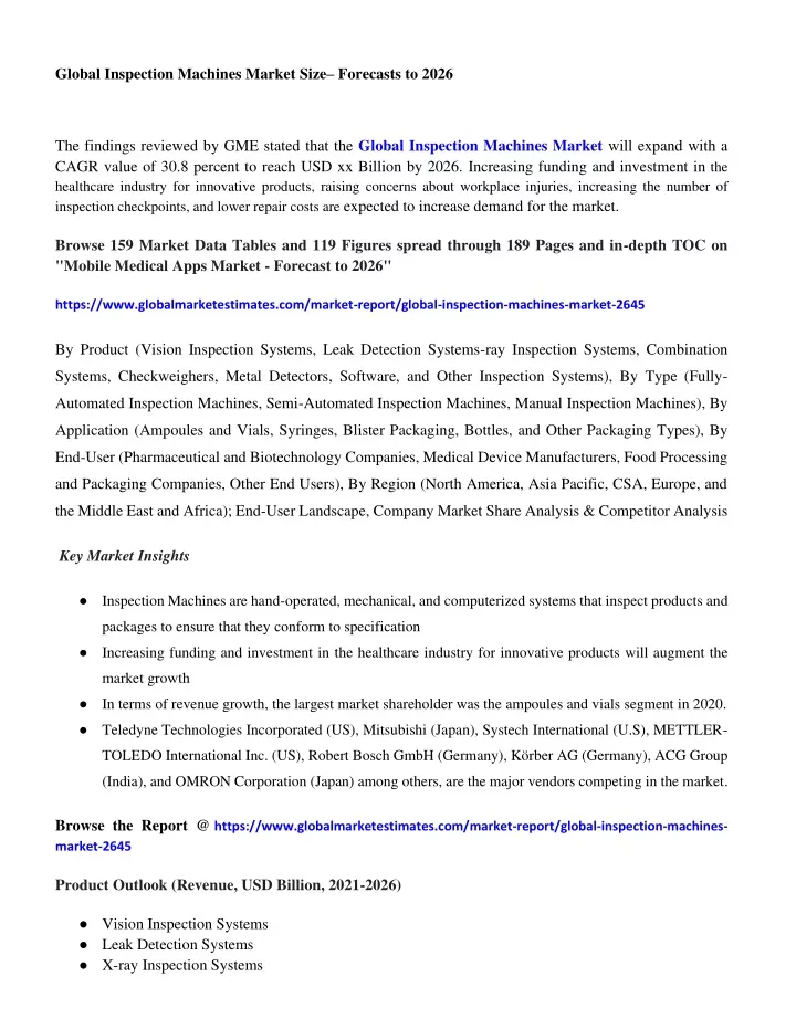 global inspection machines market size forecasts