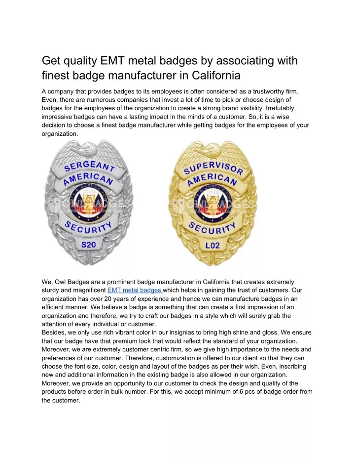 get quality emt metal badges by associating with