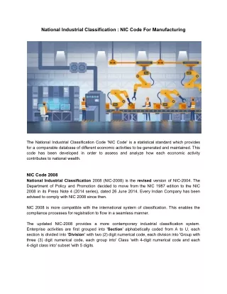 National Industrial Classification : NIC Code For Manufacturing