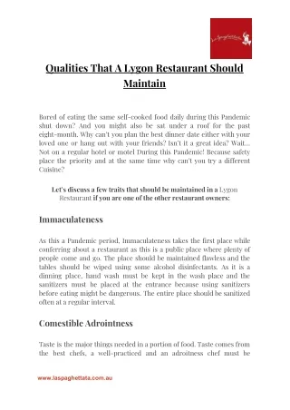 Qualities That A Lygon Restaurant Should Maintain