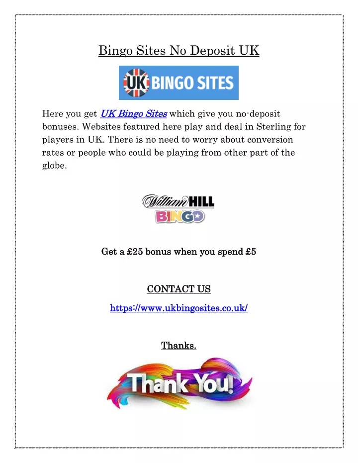 bingo sites no deposit uk