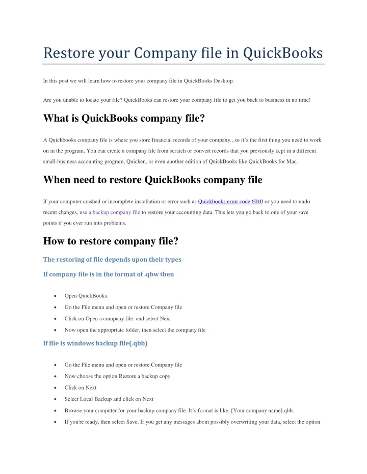 restore your company file in quickbooks