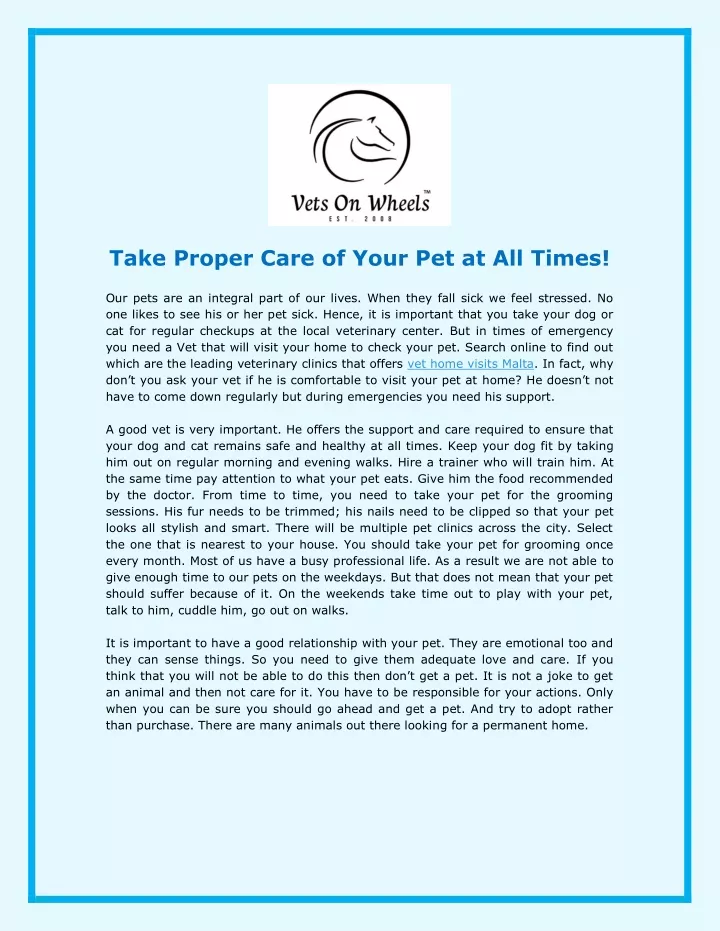 take proper care of your pet at all times