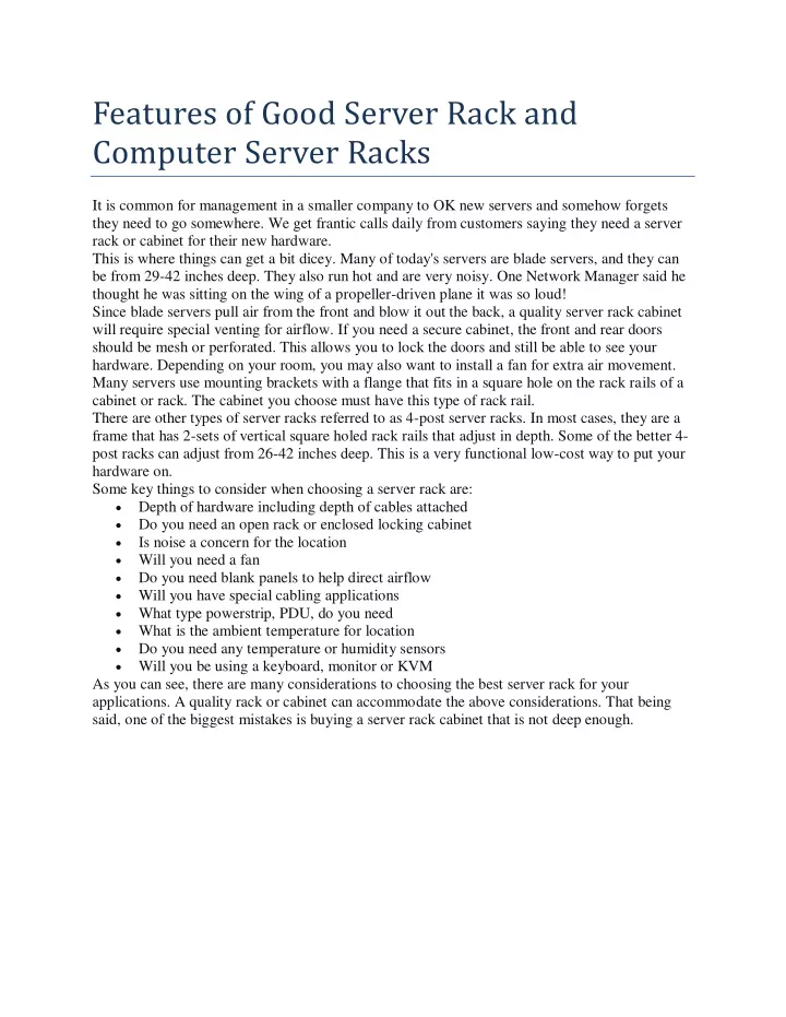 features of good server rack and computer server
