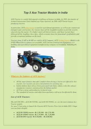 Top 5 Ace Tractor Models in India