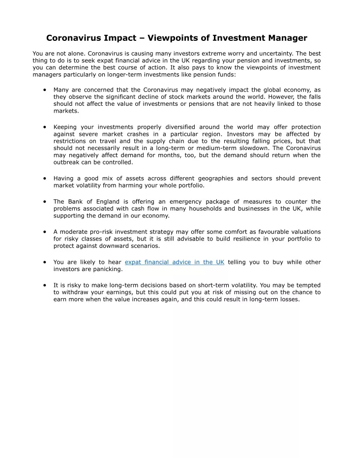 coronavirus impact viewpoints of investment