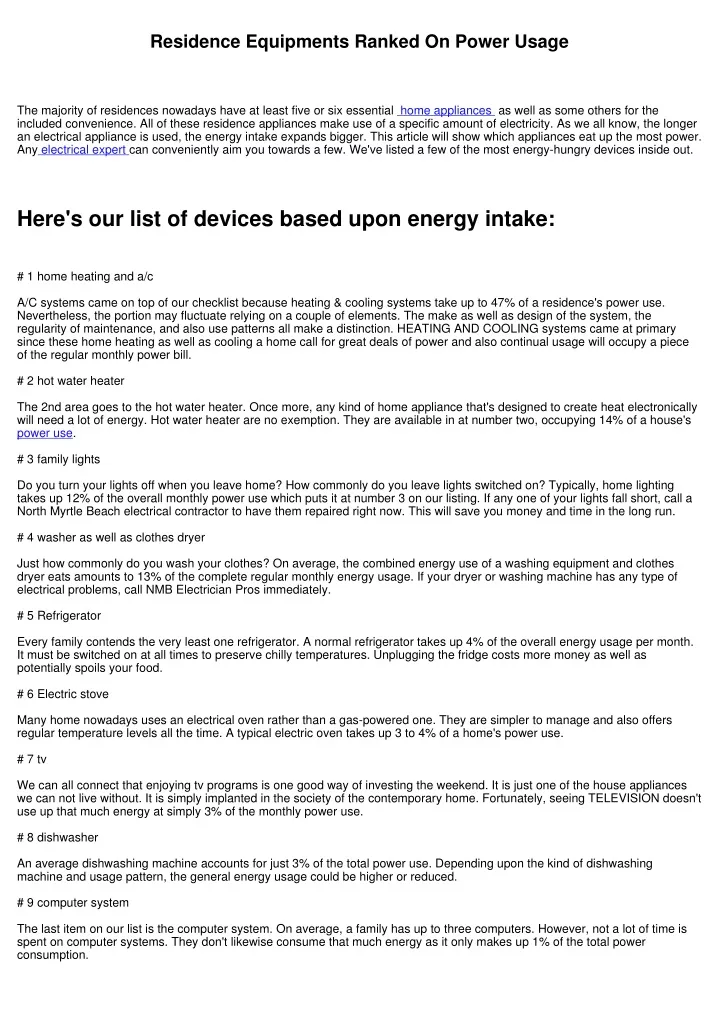 residence equipments ranked on power usage