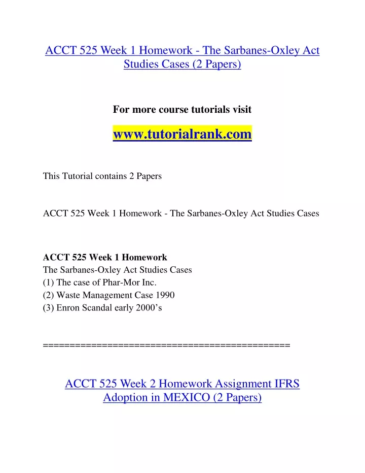 acct 525 week 1 homework the sarbanes oxley