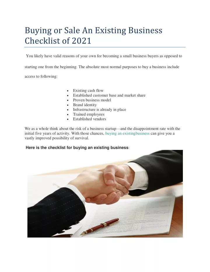 buying or sale an existing business checklist