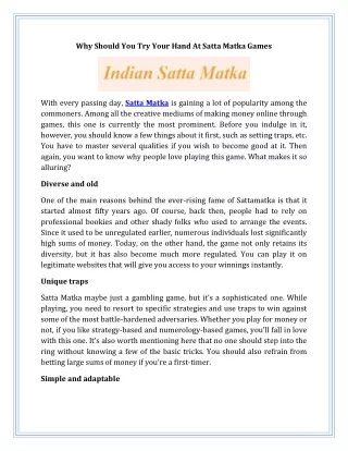 Why Should You Try Your Hand At Satta Matka Games