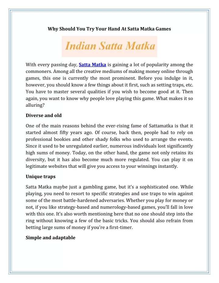 why should you try your hand at satta matka games